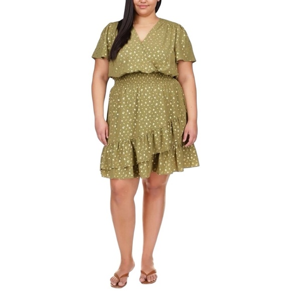 NEW Michael Kors Faux Wrap Dress Women's 1X Green Metallic Smocked Waist Ruffled - Picture 1 of 9